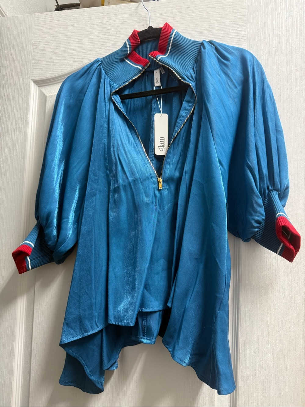 Blue Satin Zip Front Top with Red-Trim Ribbed Collar